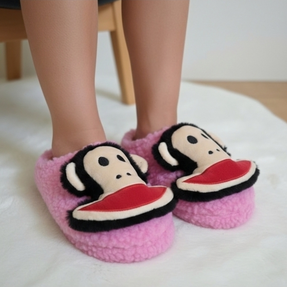 Paul Frank Pink and Black Plush Kids Slippers with Character Face